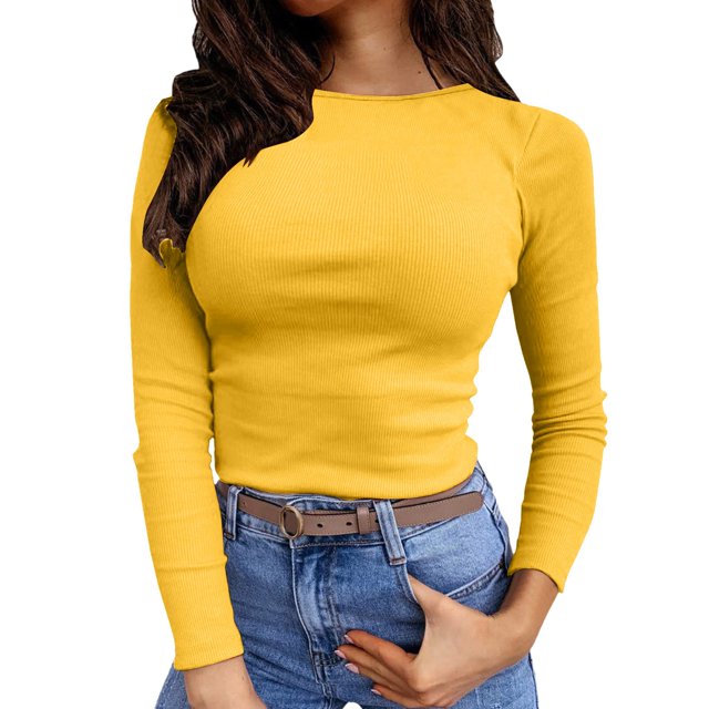 T-shirt à Manches Longues Extensible Col Rond Côtelé pour Femmes, Polyester, avec Design Plissé devant