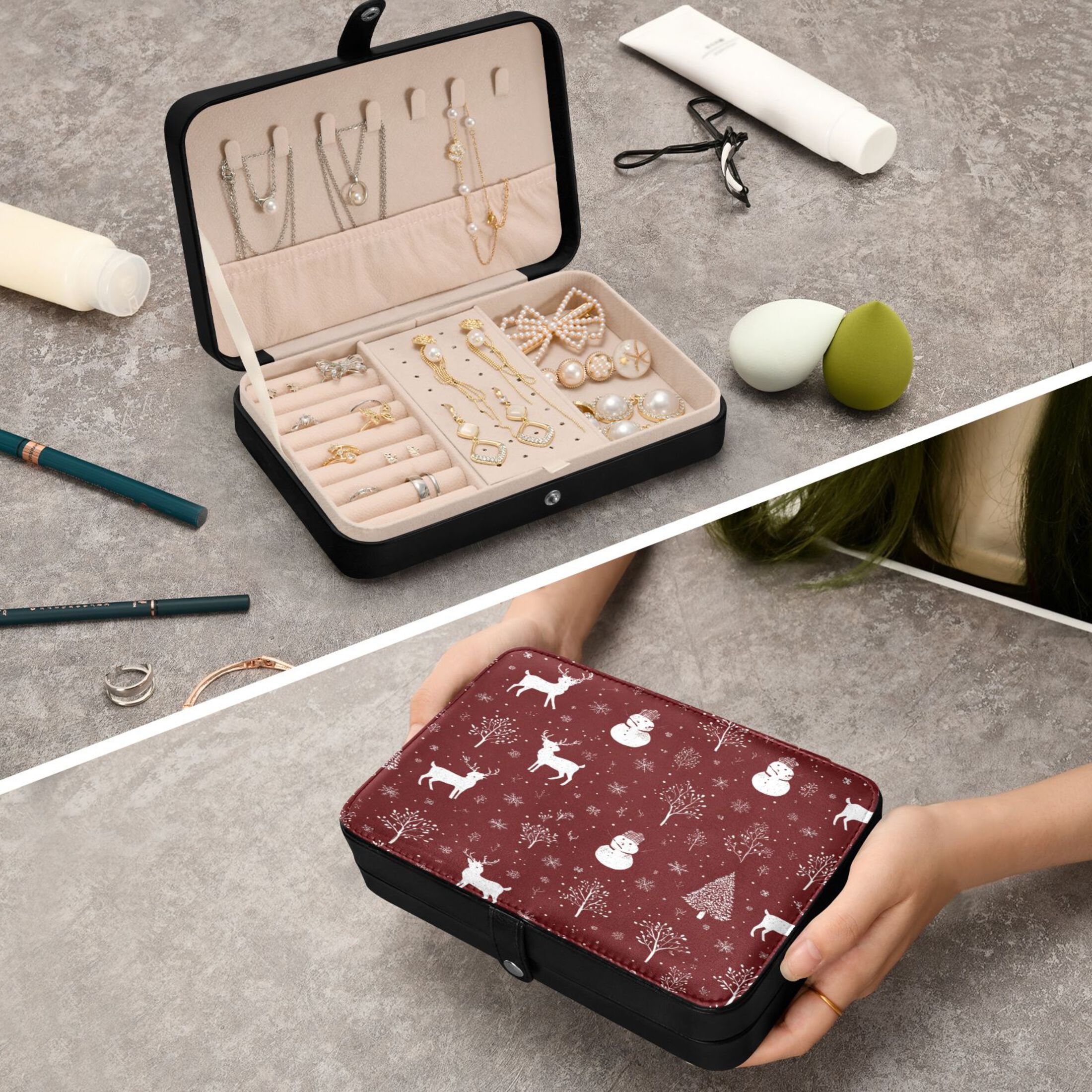 Leather Jewelry Box Rectangular 8.27x5.5x1.78In Travel Jewelry Storage Earrings Necklace Bracelet Watch Brooch Storage Seamless Christmas Elements