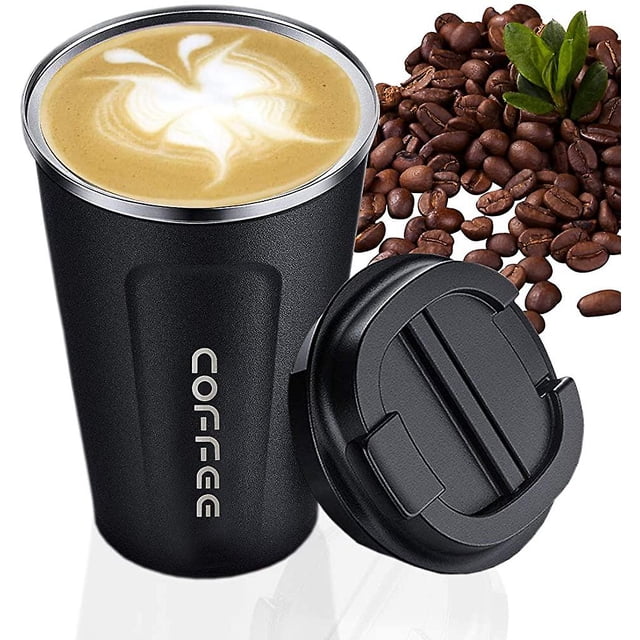 Taza de café negro. Taza de café reutilizable al vacío de doble pared. Taza de escritorio de viaje ecológica de acero inoxidable
