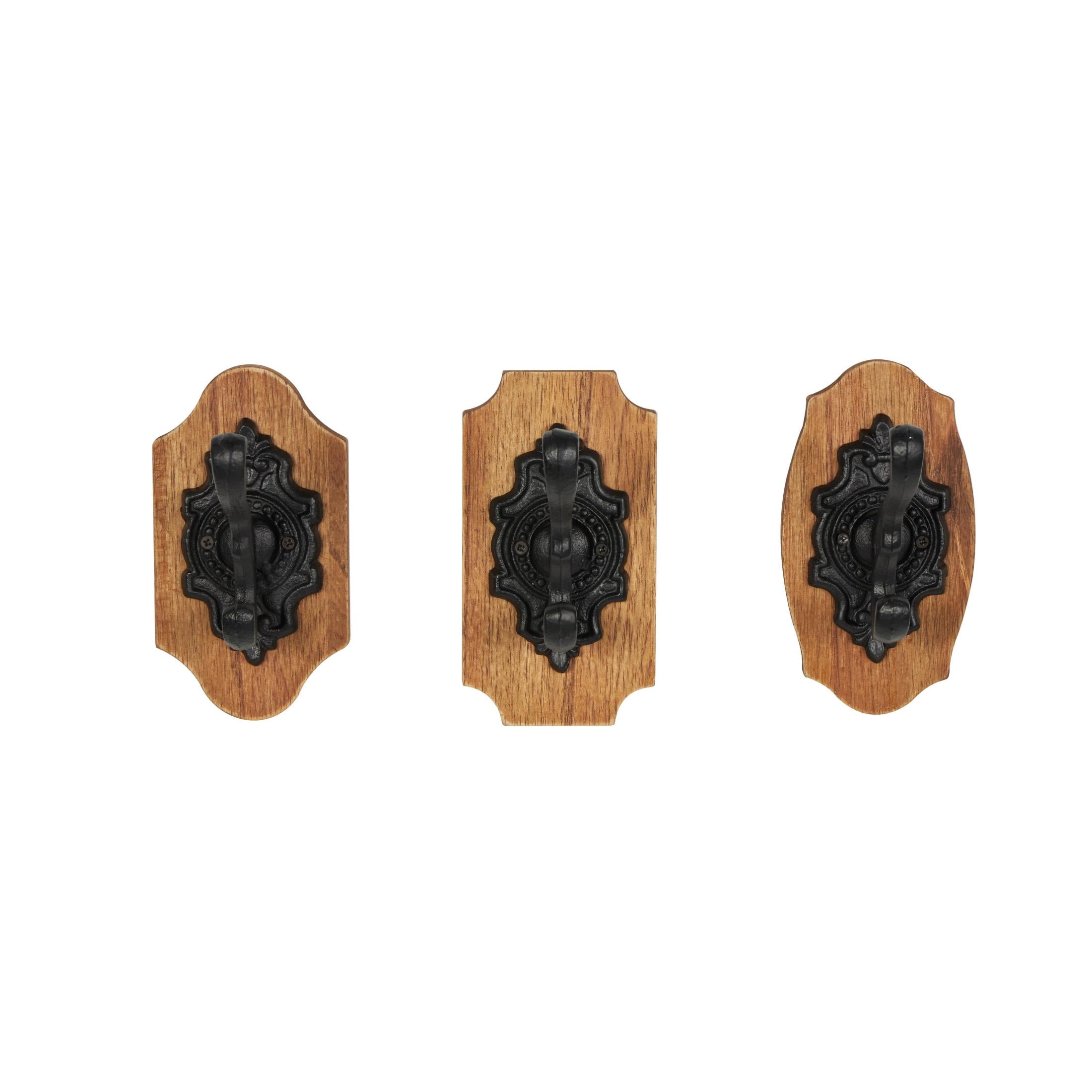 DecMode 4"W, 6"H Brown Wooden Vintage Inspired Fleur De Lis Wall Hook with Black Metal Hooks and Curved Edges, 3-Pieces