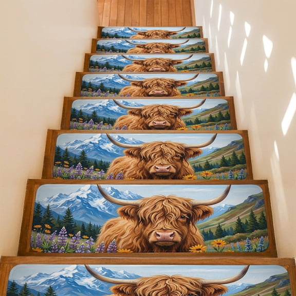 Rustic Brown Cow Stair Treads Non Slip for Steps Farmhouse Animal Mountain Flowers Nature 7 Pcs Reusable Adhesive Stair Runner Mats for Dogs Elders Carpet Treads Rugs for Staircase 8x30 In