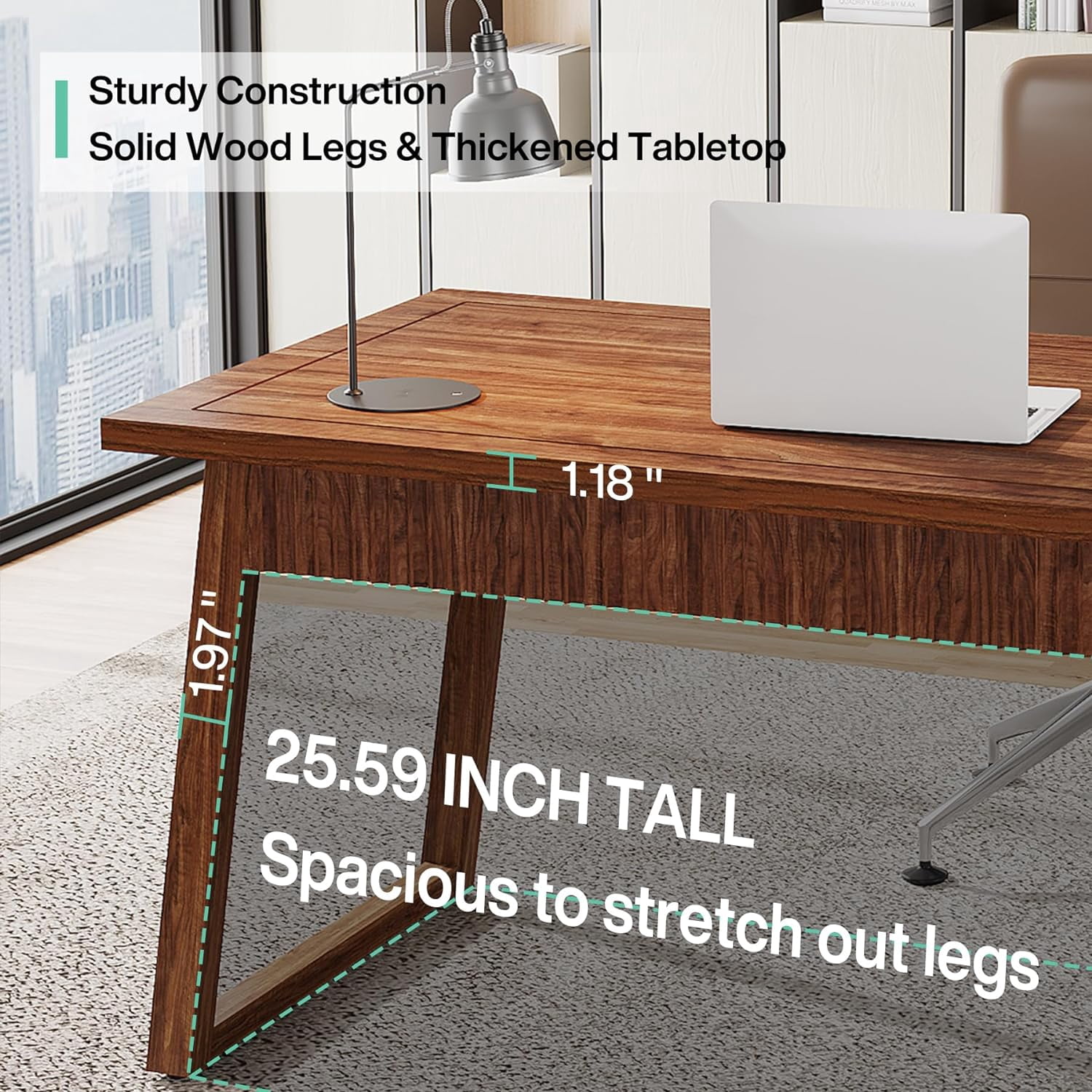 Tribesigns 55" Executive Desk, Solid Wood Home Office Computer Desk with Drawer, Walnut Brown