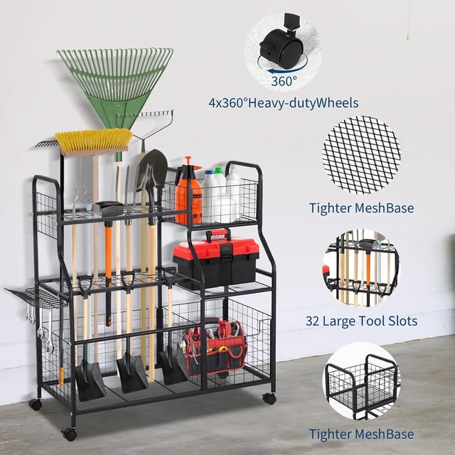 Royalbelle Black Yard Storage Rack, Rolling Garage Tool Organizer for Lawn Care
