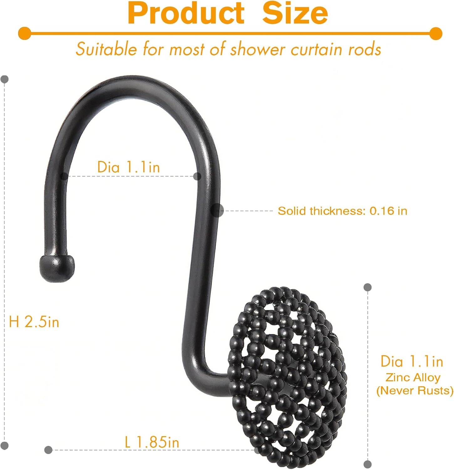 MKEUDQ-Black Shower Curtain Hooks Rings, Rust-Resistant Metal Glide Shower Hooks for Bathroom Shower Rods, Bathroom Accessories Set of 12 Hooks - Matte Black