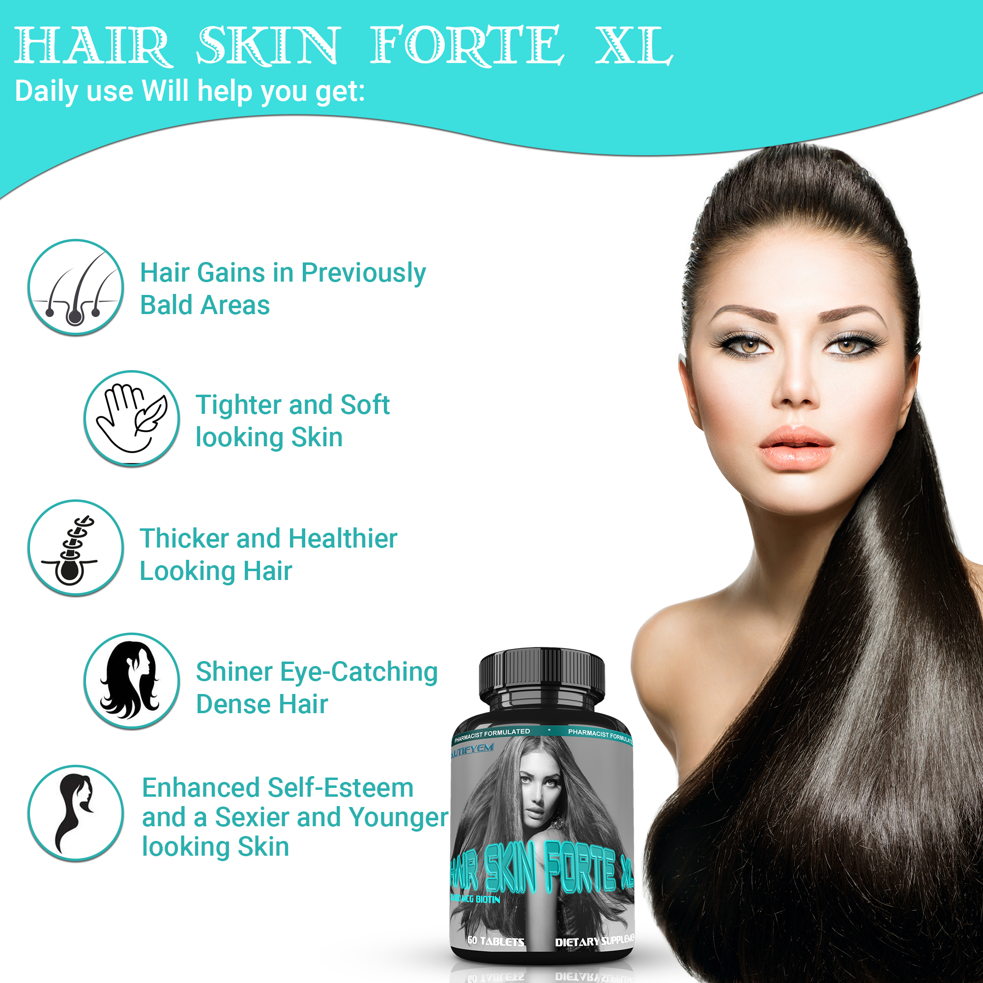 HAIR SKIN FORTE XL  Hair Growth Supplement | Hair Skin Vitamins | 10000 mcg Biotin | Collagen | Fuller, Thicker Healthy Hair | Women Hair Growth Supplement | Tight and Younger Skin. 90 Tablets