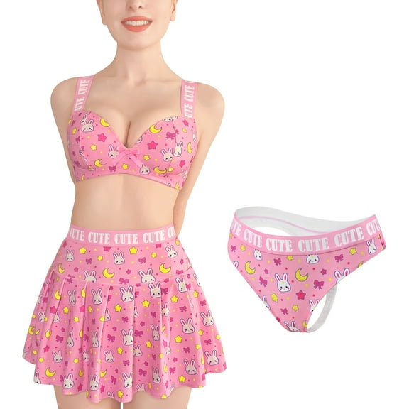 Littleforbig Women High Waisted Elastic 3 Pieces Usagi Sporty Mini Skirt Bralette Panty Set Plus Size Friendly