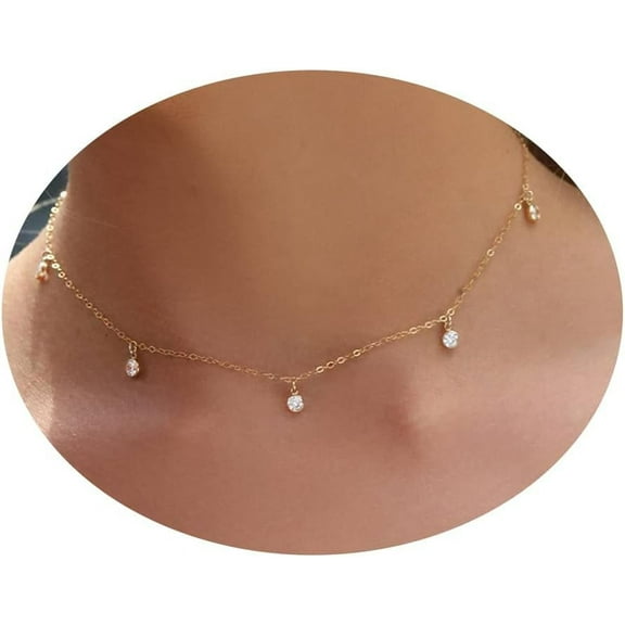 CUKIXA Diamond Necklaces for Women, Dainty 14k Gold/Sterling Silver Choker Necklace Simple Gold Plated CZ Jewelry Necklaces for Women Trendy Gifts