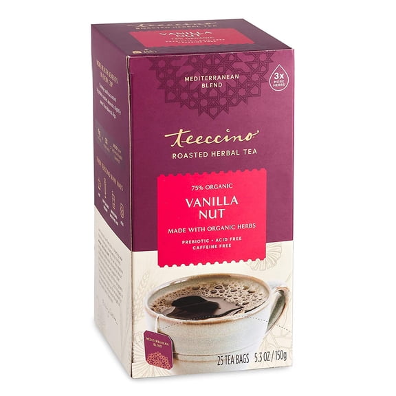 Teeccino Caffeine-Free & Prebiotic Herbal Tea, Vanilla Nut, 25 Tea Bags