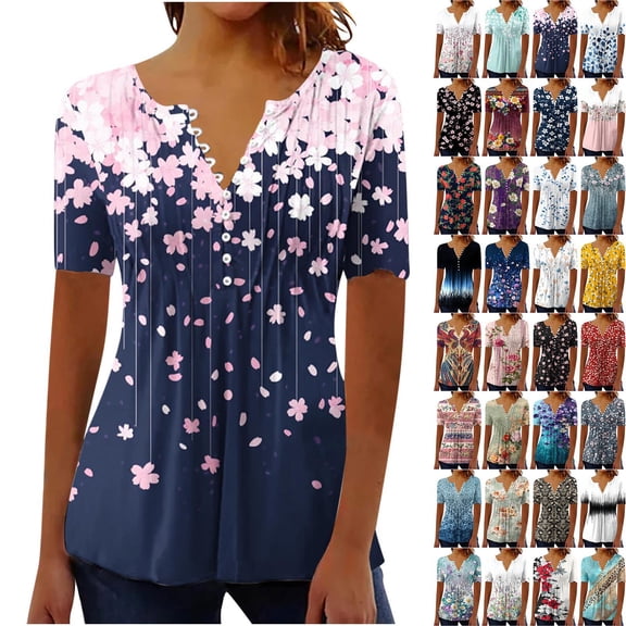 POROPL Summer Tops for Women Short Sleeve V Neck with Button Pleats Boho Floral Print Tunic Shirts