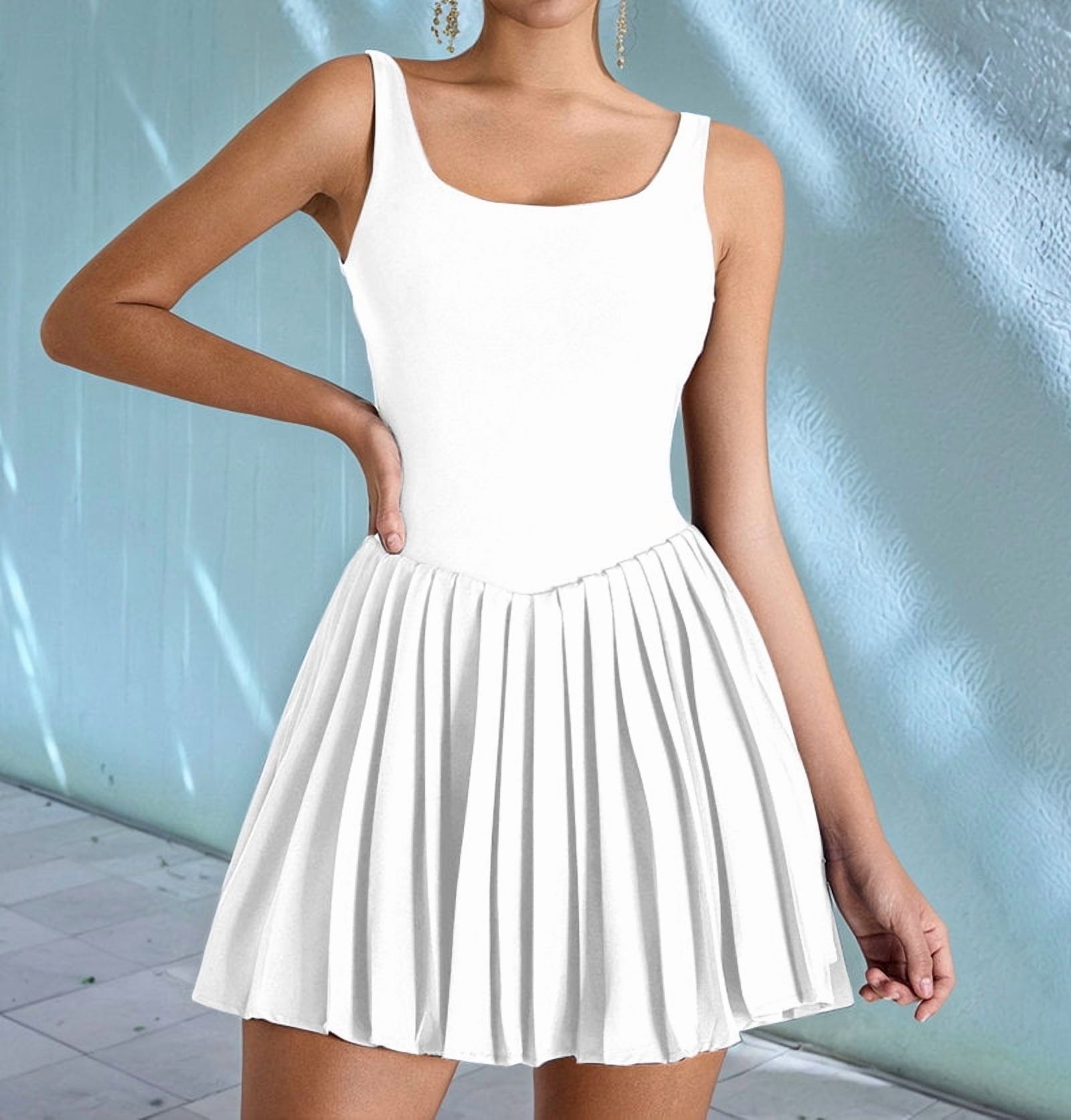 Womens Square Neck Tennis Dress Pleated Sleeveless Built in Shorts Golf Athletic Dress with Pockets Swan White M