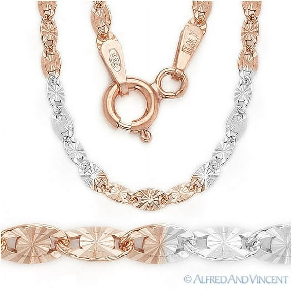 2.5mm Valentino Link Italian Chain Necklace in 2-Tone .925 Sterling Silver w/ 14k RG & Rhodium
