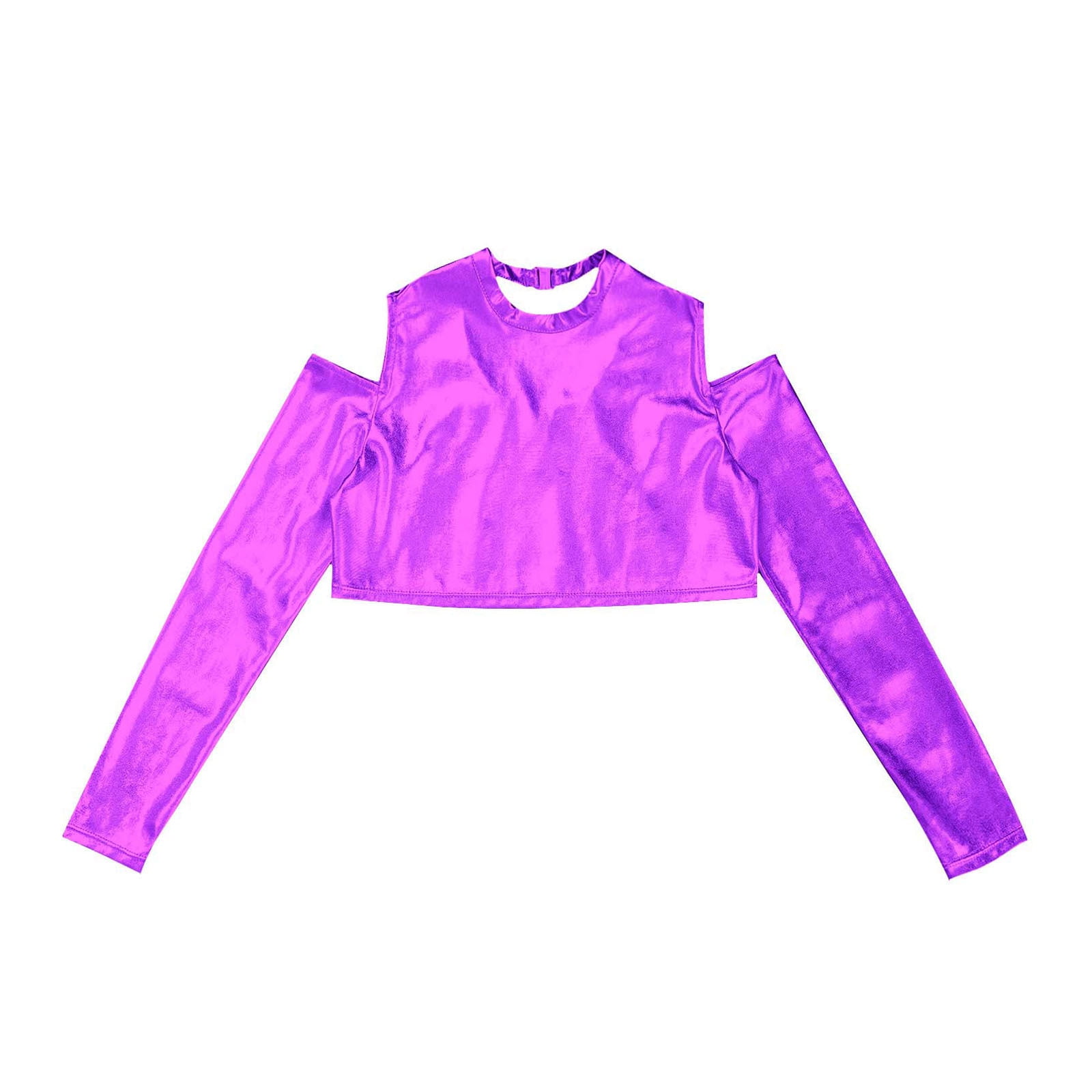 YONGHS Kids Jazz 8 Top Hop Girls T-Shirt Metallic Sleeve Crop Hot Dancewear Dance Pink Off-Shoulder Long Hip