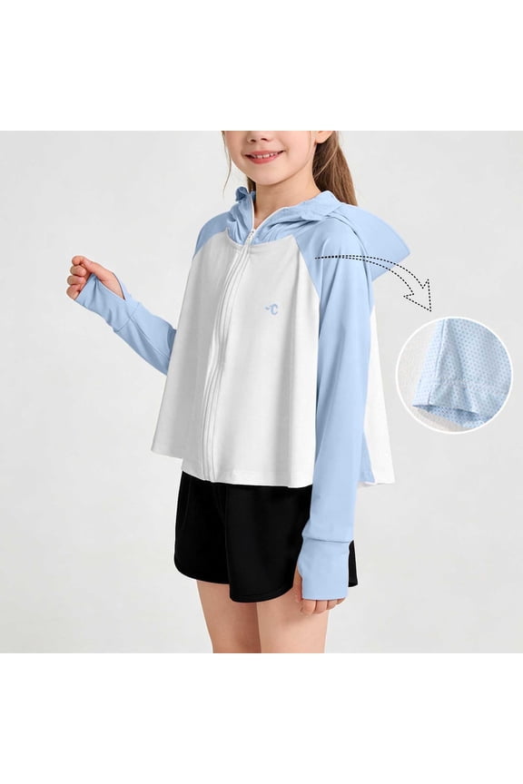 Spring And Summer Solid Color Zipper Jacket Girls Short Thin Sun Protection Jacket Long-Sleeved Hooded Casual Top Suitable For Travel, Vacation, Summer Outdoor Activities_Blue_2-3 Years