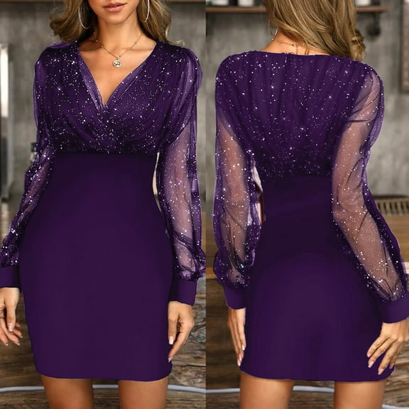 BiZtdJrK Sequin Dress for Women Sexy Off Shoulder Formal Gowns Sexy Mesh Long Sleeve Party Club Wrap Dress Elegant V Neck Wedding Guest Dresses Lightning Sales of Today Purple XXL