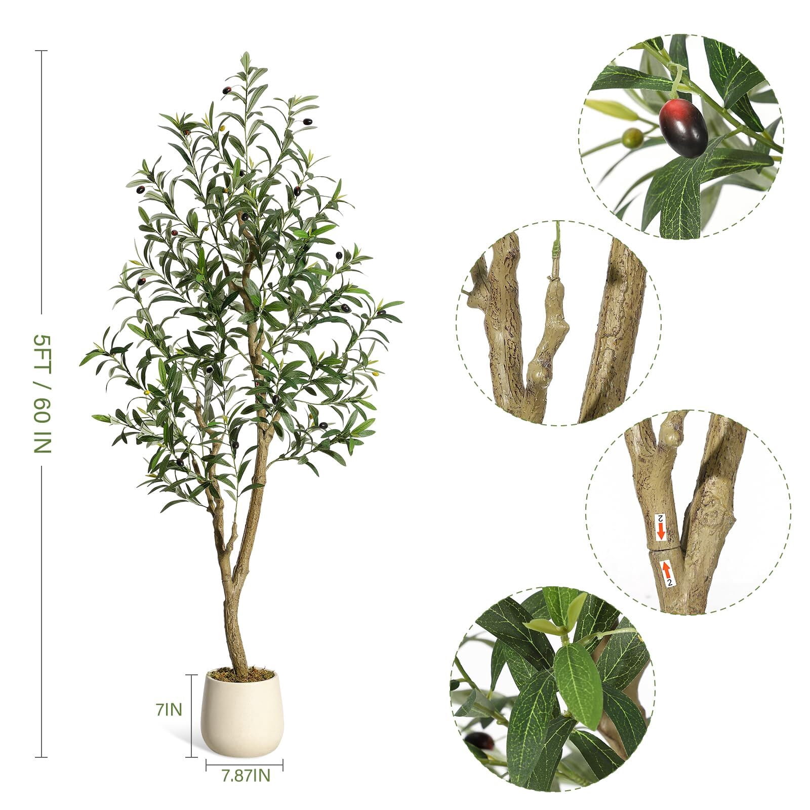 5FT Faux Olive Tree Tall,Olive Trees Artificia Indoor with White Planter and Green Moss, Fake UV Resistant Artificial Tree,for Home Office Living Room Bedroom Stairs Foyer Decor
