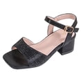 thumbnail image 6 of Girls Sandals Solid Color Squared Open Toe Glitter Rhinestone Band Low Heeled Flower Girl Party Wedding Dress Shoes Black 1.5 Big Kid, 6 of 6