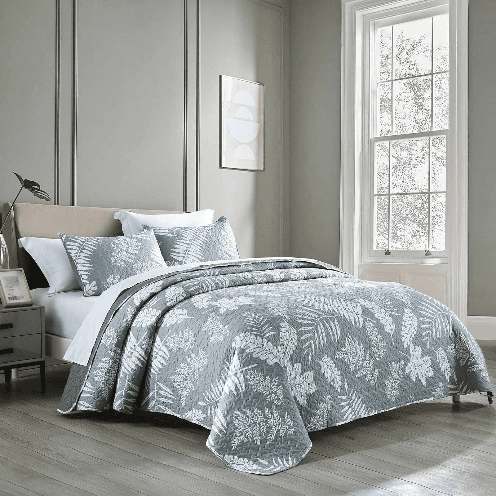 King Size Quilt Set, GREAGLE 3-Piece Lightweight Soft Bedspread Coverlet (104x90 in) with 2 Pillow Shams (20x36 in) for All Season, Leaf Print