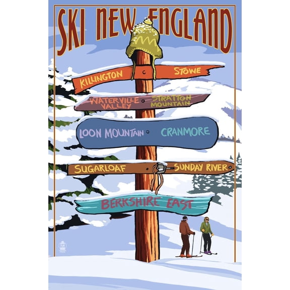 Art.com New England - Ski Areas Sign Destinations Art Print by Lantern Press, 12" x 18"