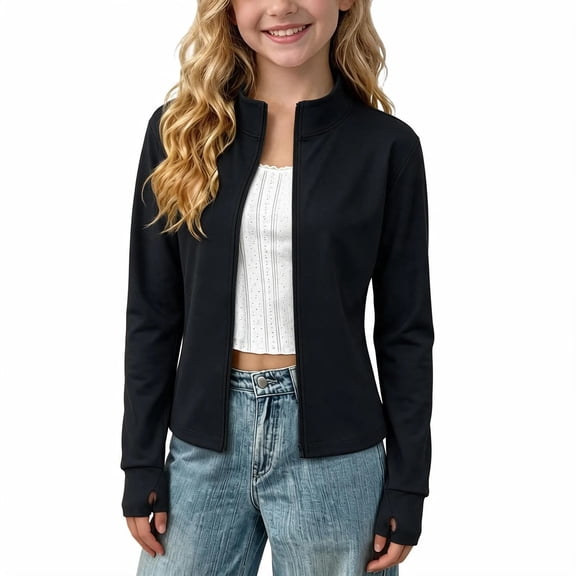 Kids Solid Color Jacket, Long Sleeve Zip-Up Stand Collar, Kids Outerwear, for Sports, Running, Casual and Everyday Layering, Kids Clothing Summer | CSEONE