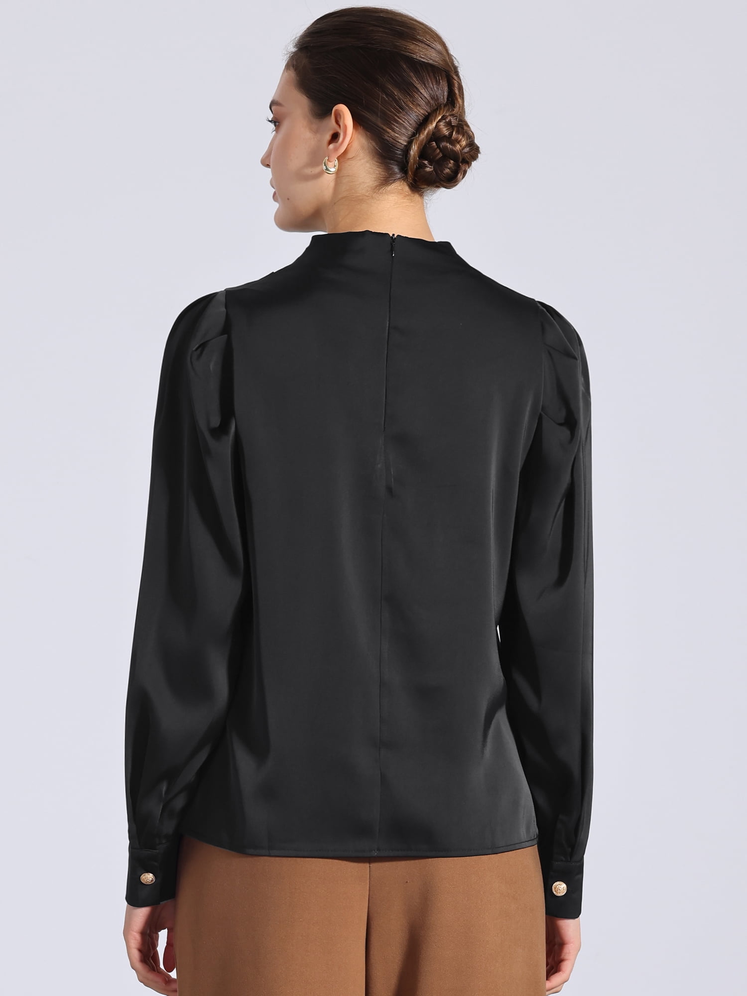 DARING DIVA Women's Satin Puff Long Sleeve Pleated Mock Neck Blouse L Black