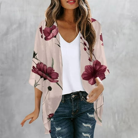 Abomasnow Women s Swim Cover Ups Floral Print 3/4 Sleeve Lightweight Chiffon Open Front Kimono Cardigan Casual Summer Loose Bikini Swimsuit Cover Up Blouse Tops