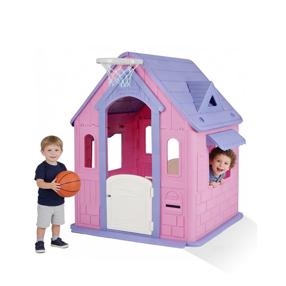 Casa de juegos de 49'' para niños – Interior y exterior, canasta de baloncesto y juego de aros, cabaña infantil, ideal para jardín o patio – Espaciosa y segura – Para 2-8 años – Color rosa y púrpura
