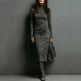thumbnail image 4 of Women's Pleated Velvet Super Long Dress Long Sleeve High Neck Tight Long Dress Fashion Solid Color for Winter Elegance and Formal Events,Dark Gray,S, 4 of 5