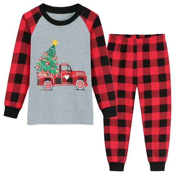 POPTEM Toddler Christmas Pajamas Plaid Sleeve Kids Holiday Sleepwear 2-Piece Red 3T