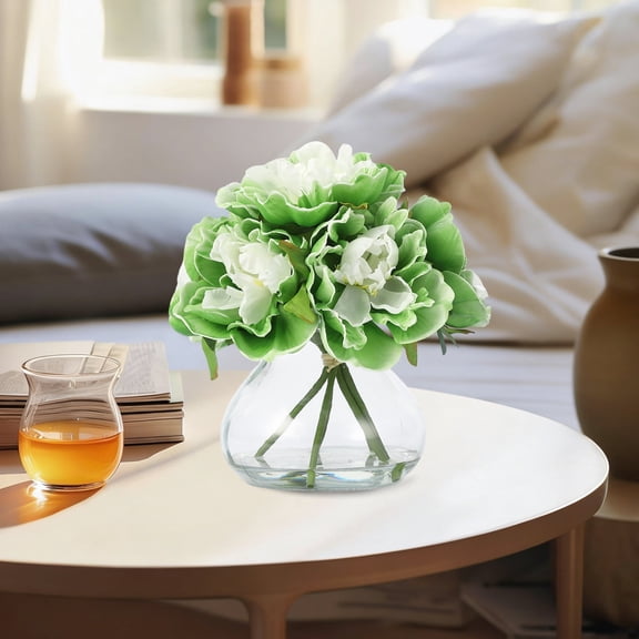 Artificial Peonies with Glass Vase, Faux PU Peony Silk Flower Arrangement for Bathroom, Table, Shelf, and Home Decor Centerpiece, Elegant Spring Decor (Green)