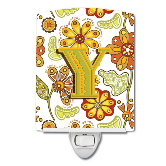 Caroline's Treasures CJ2003-YCNL Letter Y Floral Mustard and Green Ceramic Night Light, 6x4x3", multicolor