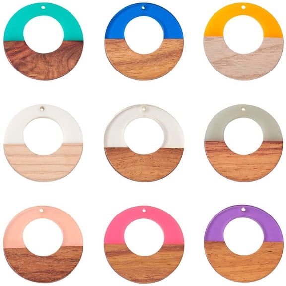 Yoqb Beadthoven 18pcs/9 Pairs Natural Wood Resin Charms Hollow Round Circle DIY Earrings Pendants Mixed Colors Round Ring Wooden Pieces Pendants for Statement Jewelry Making Findings A110