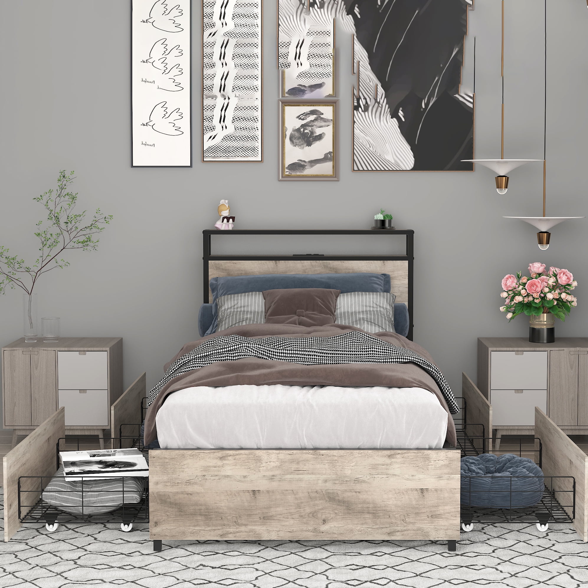 Miniyam Twin Size Bed with Storage Headboard, Charging Station for Teens, Gray