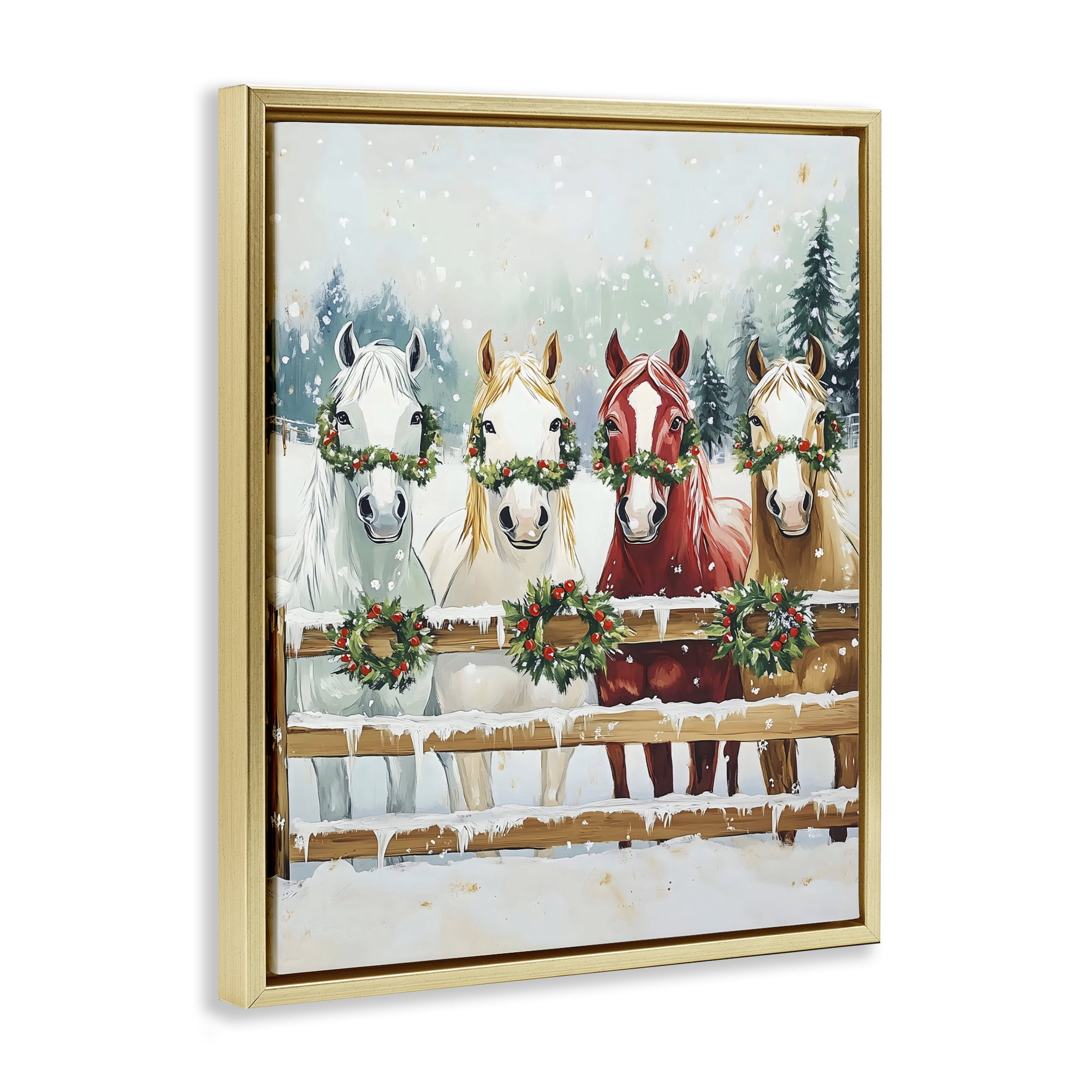 Stupell Industries Christmas Horses with Holly Wreaths Gold Framed Floater Canvas Wall Art, design by The Prints Vibe