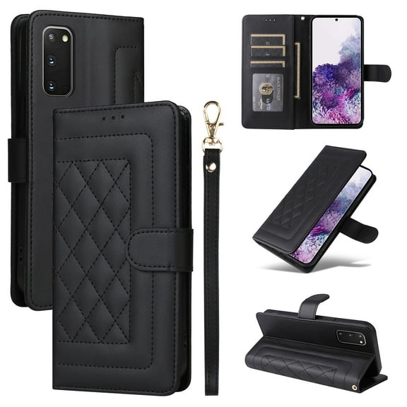 Compatible with Samsung Galaxy S20 Case, Premium Leather Wallet Book Case Magnetic Flip RFID Blocking Credit Card Holder Kickstand with Wrist Strap Shock Absorbing Case, Black