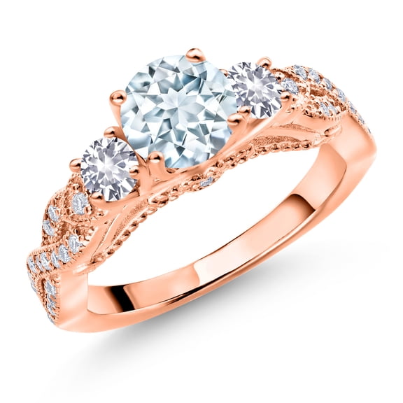 Gem Stone King 18K Rose Gold Plated Silver Sky Blue Aquamarine White Created Sapphire and White Moissanite Engagement Ring for Women (1.28 Cttw, Gemstone March Birthstone, Round 6MM and 3MM, Size 9)