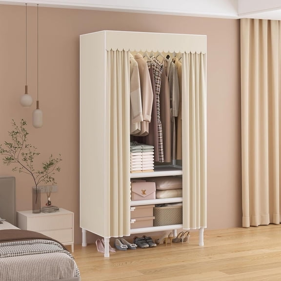 Portable Closet with 1 Hanging Rods, 2 Storage Shelves, 27.5" L x 17.7" W x 67.7" H, Pale Yellow