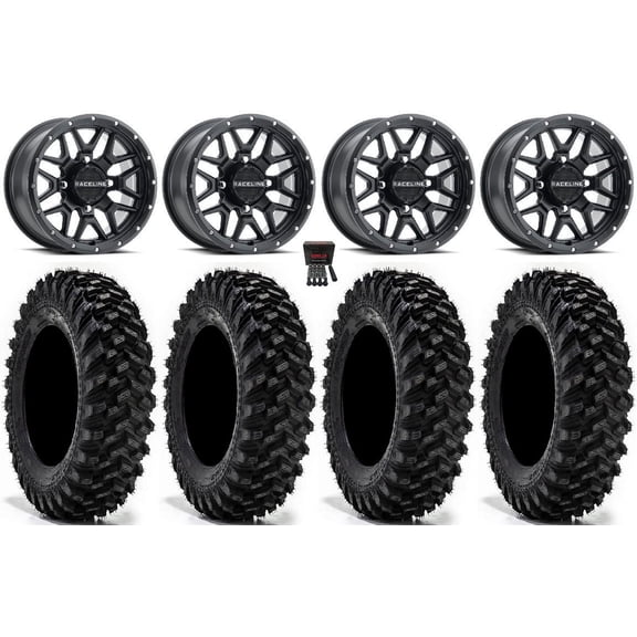 Raceline Krank 14" Wheels Black 28" Warrior XT Tires Sportsman 550 850 1000