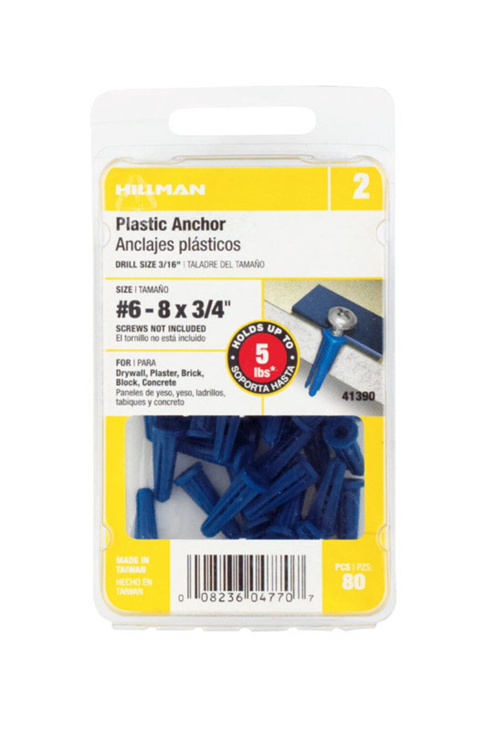 41390 80-Pk.,  6-8 x 3/4-In. Blue Plastic Wall Anchors - Quantity 5