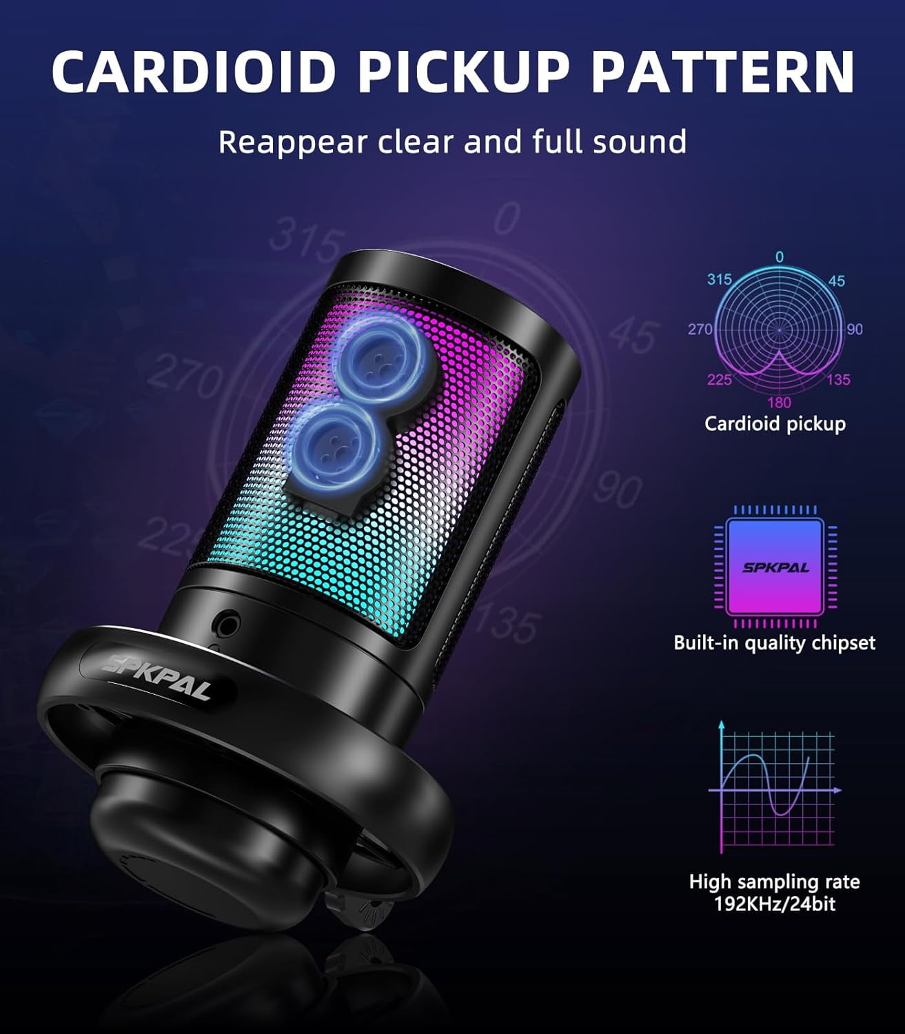 SPKPAL USB Microphone for PC, Gaming Microphone with RGB Light, Mute Button, Gain Knob,Headphones Jack for Streaming, Recording, Chat