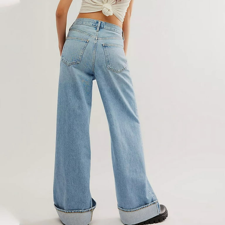 womens dress denim pants UAMVSH Wide Leg Jeans for Women Casual Summer Business Work Dress Pants  with Pockets Baggy Mid Waist Trendy Pull on Denim Pants