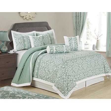 Mallen Home 7 Piece Printed Damask Comforter Set Green Color King
