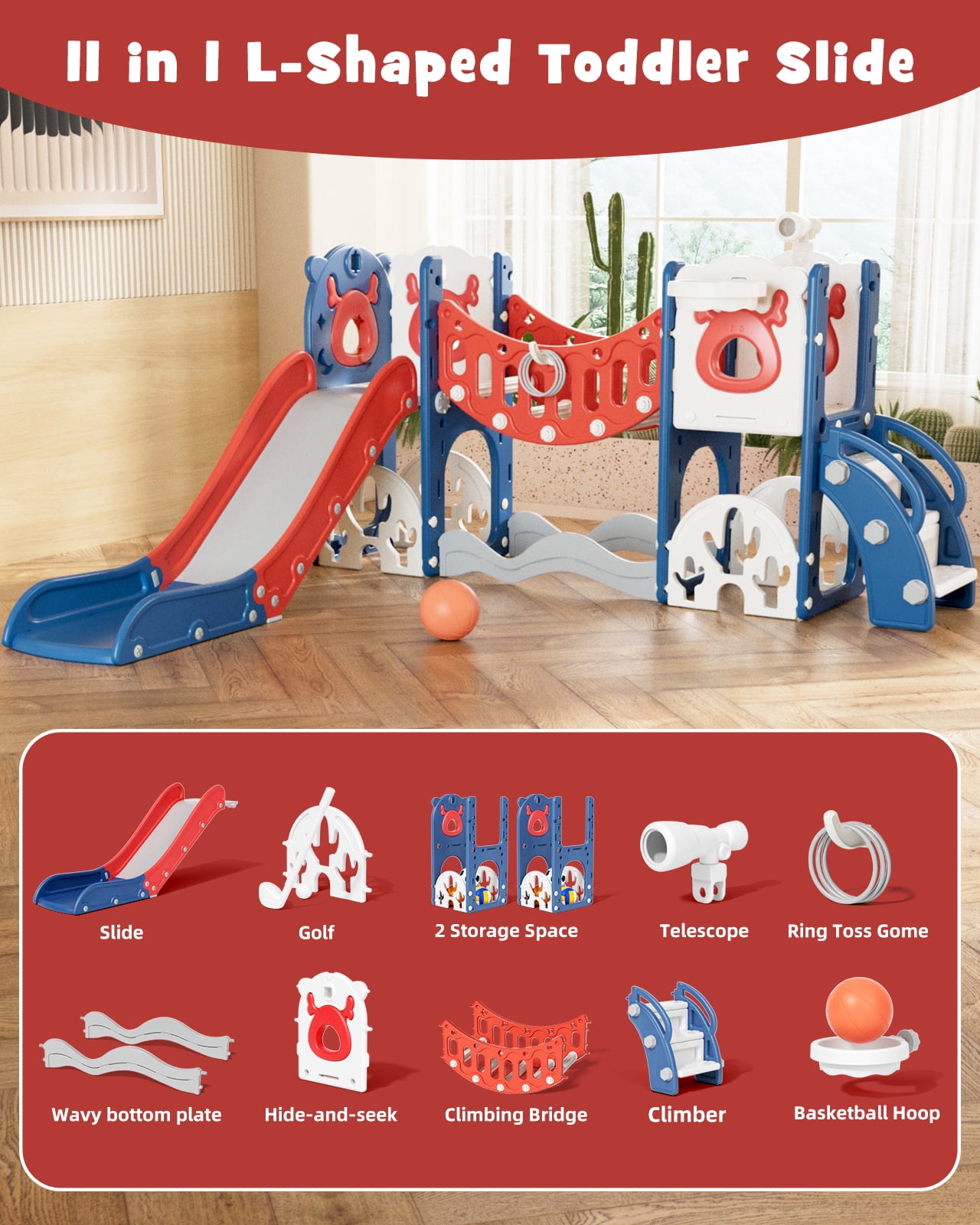 KORIMEFA 8 in 1 Toddler Slide, Kid Slide for Toddlers Age 1-3 with Ring Toss, Basketball Hoop, and Telescope, Indoor Outdoor Slide Toddler Playset Toddler Playground