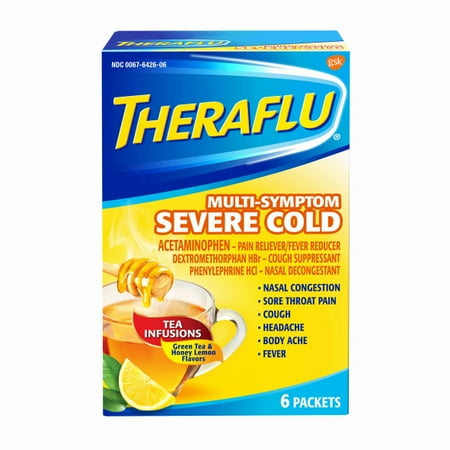 Theraflu MultiSymptom Severe Cold with Green Tea & Honey Lemon Hot Liquid Powder for Cough & Cold Relief, 6 count