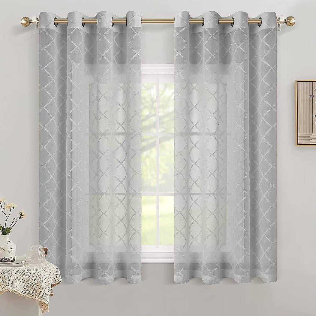 Geometric Embroidered Sheer Curtains for Living Room Bedroom,Grommet Diamond Pattern Semi Voile