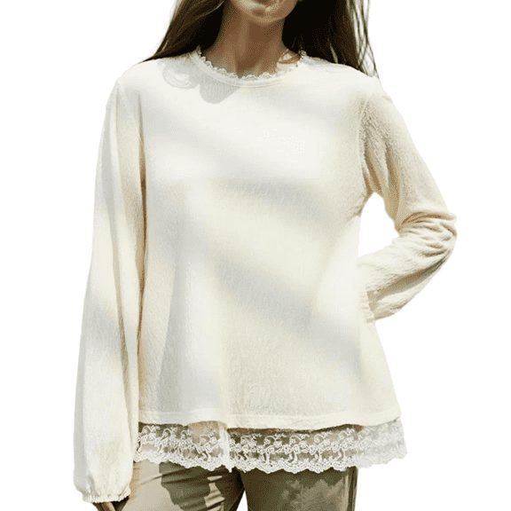 Women's Tencel Embroidered Long Sleeve T-shirt, Beige, Size M