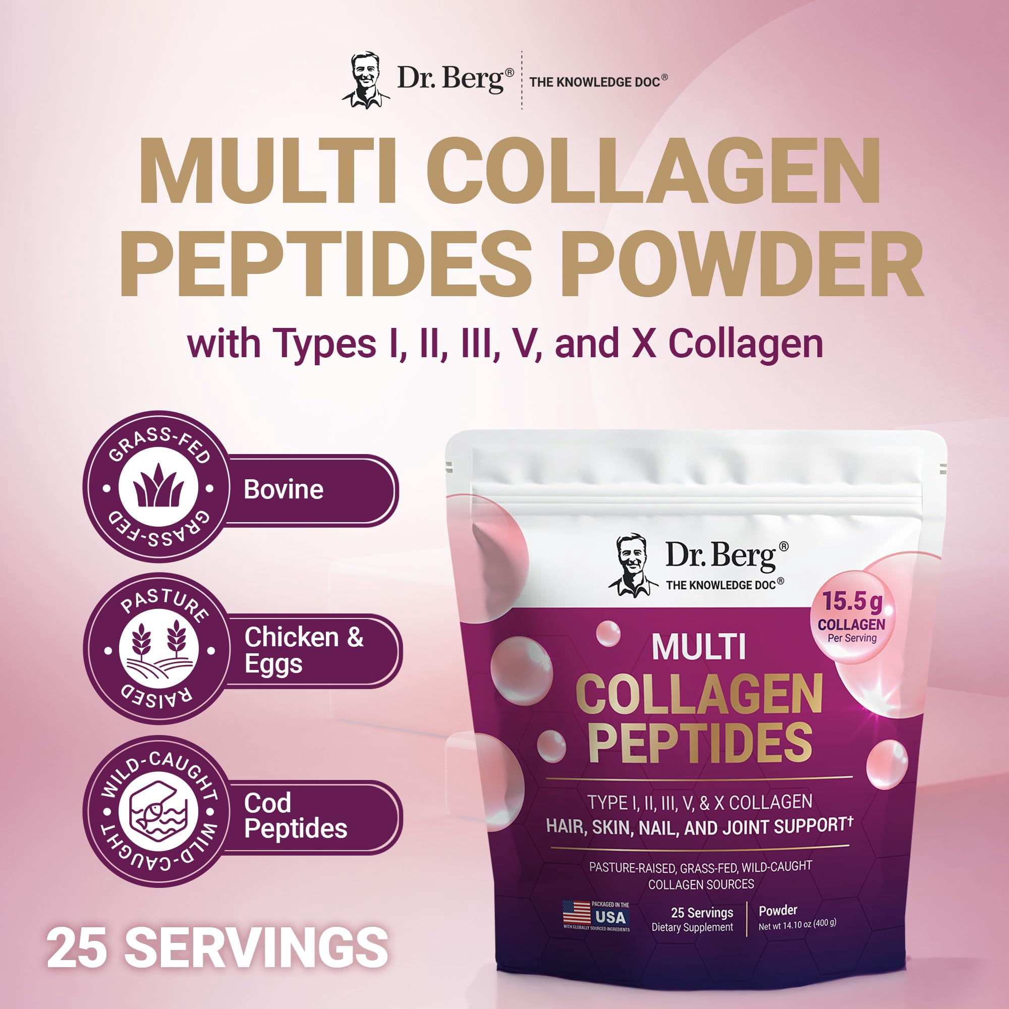 Dr. Berg Multi Collagen Peptides Powder - Types I, II, III, V, X Collagen Powder for Hair, Skin, Nails, & Joint Health, 25 Servings
