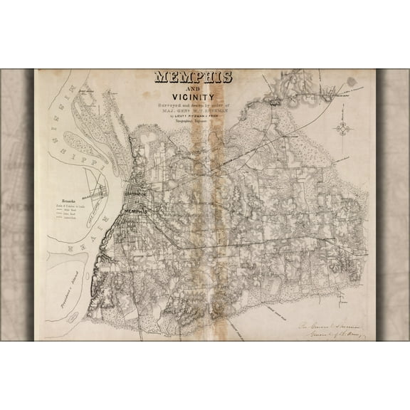 24"x36" Gallery Poster, map of Memphis tennessee and vicinity 1865