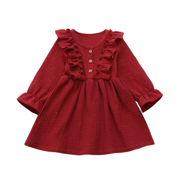 Vestido Para NiñAs Color SóLido O-Cuello Flor Manga Larga Volante Vestido Con BotóN Abierto XBTCLXEBCO Rojo;3-4 Años
