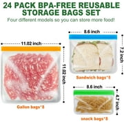 24 Pack Food Storage Bag, Freezer Bags , Reusable Silicone Storage Bags BPA Free (24Pack-8 Gallon Bags+8 Sandwich Bags+8 Snack Bags)