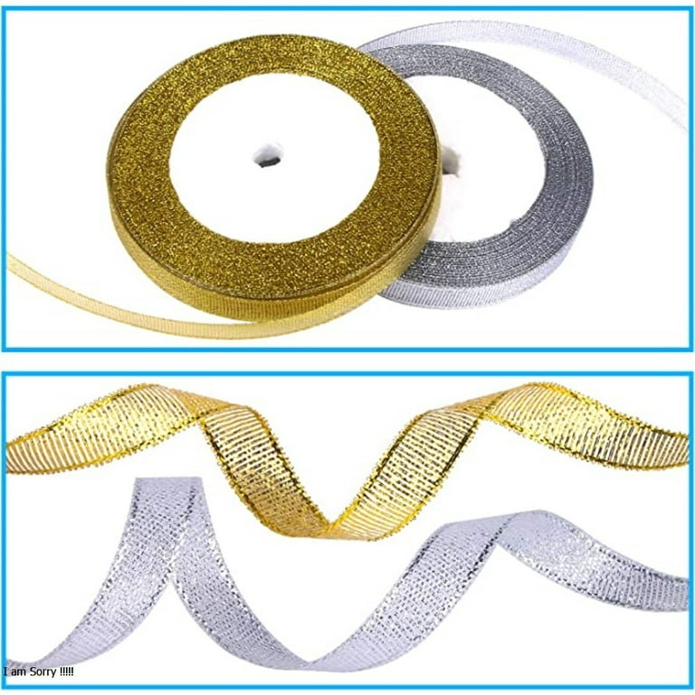 Glitter Metallic Gold Ribbon 1/4 25 Yards 2 Rolls, Sparkly Fabric Ribbon Perfect for Crafts, Sewing, Gift Package Wrapping and Christmas